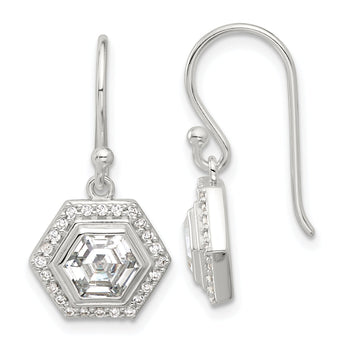 Sterling Silver E-coated Polished CZ Hexagon Dangle Earrings