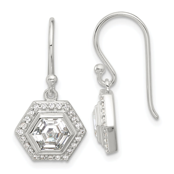 Sterling Silver E-coated Polished CZ Hexagon Dangle Earrings
