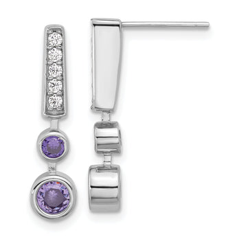 Sterling Silver RH-plated Purple & Clear CZ Post Dangle Earrings