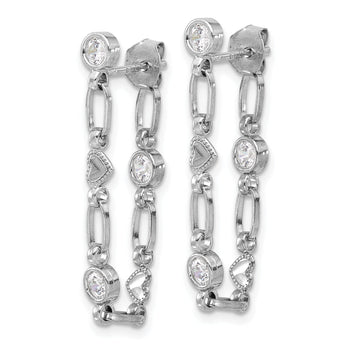Sterling Silver Rhodium-plated Bezel CZ with Heart Post Dangle Earrings