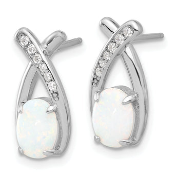 Sterling Silver Rhodium-plated Polished CZ & Created Opal 'X' Post Earrings