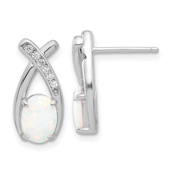 Sterling Silver Rhodium-plated Polished CZ & Created Opal 'X' Post Earrings
