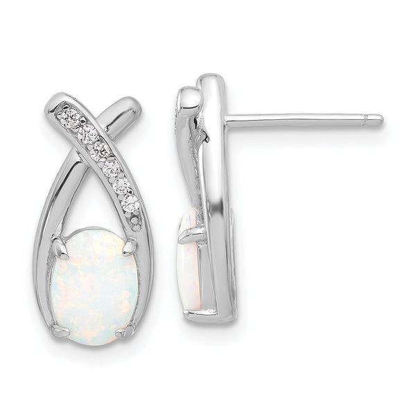 Sterling Silver Rhodium-plated Polished CZ & Created Opal 'X' Post Earrings