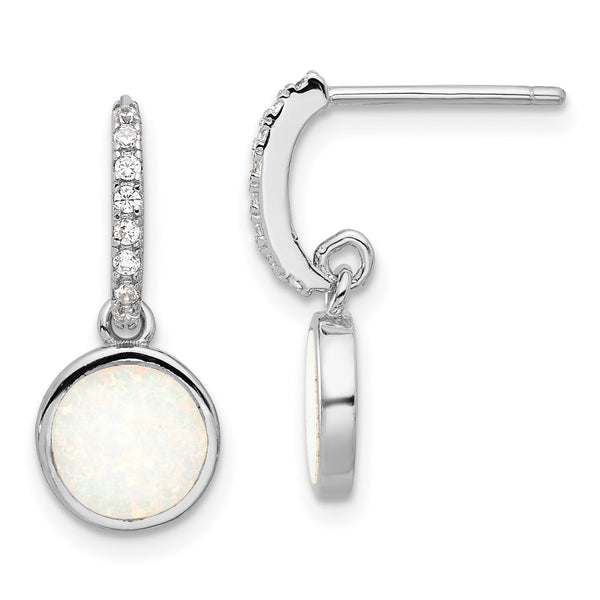Sterling Silver RH-plated Polished CZ & Created Opal Post Dangle Earrings