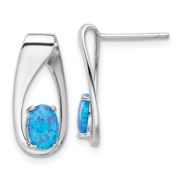 Sterling Silver Rhod-plated Polished Blue Created Opal Oval Post Earrings