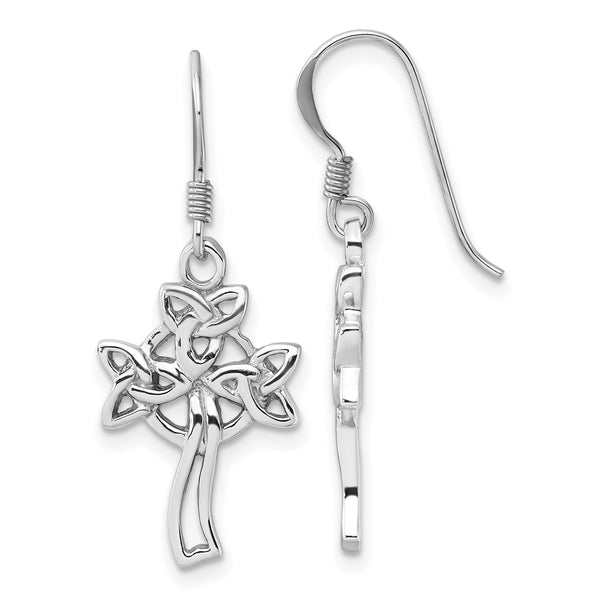Sterling Silver Rhodium-Plated Polished Celtic Cross Dangle Earrings