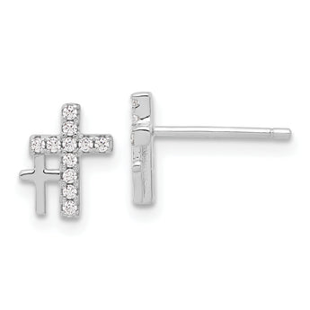 Sterling Silver Rhodium-plated Polished CZ Double Cross Post Earrings