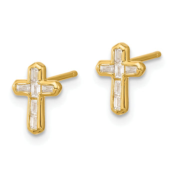 Sterling Silver Gold-tone Polished CZ Cross Post Earrings