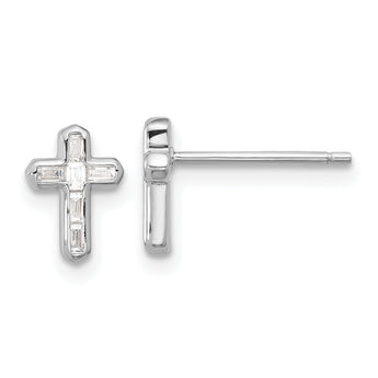 Sterling Silver Rhodium-plated Polished CZ Cross Post Earrings