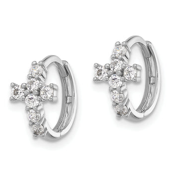 Sterling Silver RH-plated Polished CZ Cross Hinged Round Hoop Earrings