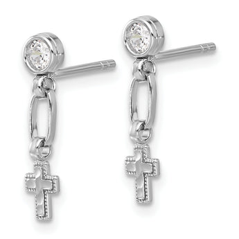 Sterling Silver RH-plated Polished & Textured CZ Cross Post Dangle Earrings