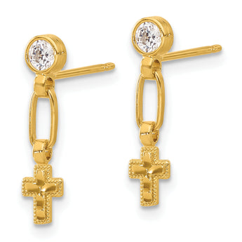 Sterling Silver Gold-tone Polished & Textured CZ Cross Post Dangle Earrings