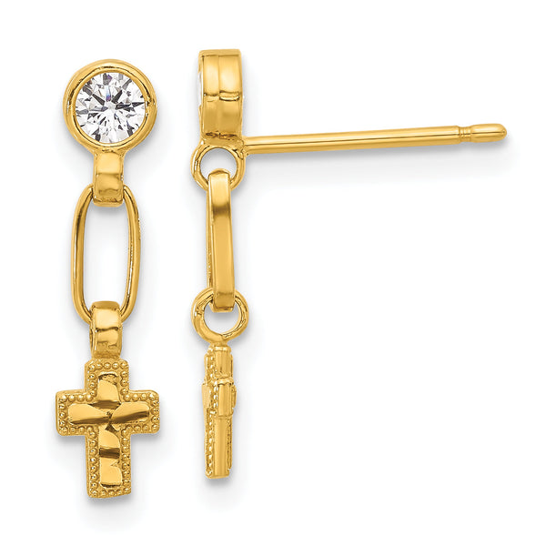 Sterling Silver Gold-tone Polished & Textured CZ Cross Post Dangle Earrings