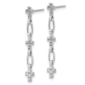 Sterling Silver RH-plated Polished & Textured Cross Post Dangle Earrings