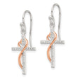 Sterling Silver & Rose-tone Polished CZ Heart Cross Dangle Earrings