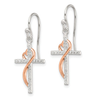 Sterling Silver & Rose-tone Polished CZ Heart Cross Dangle Earrings
