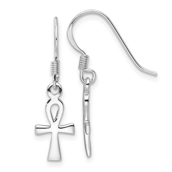 Sterling Silver RH-plated Polished Egyptian Cross Ankh Dangle Earrings