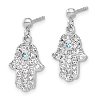 Sterling Silver RH-pltd Blue/White CZ Evil Eye Hamsa Post Dangle Earrings