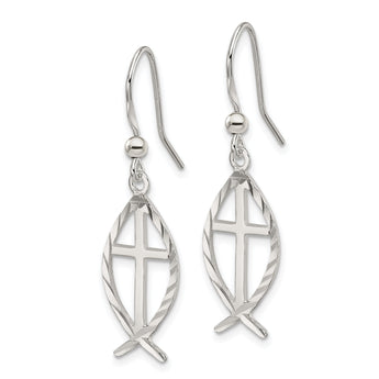 Sterling Silver Polished & D/C Cross & Ichthus Dangle Earrings