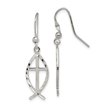 Sterling Silver Polished & D/C Cross & Ichthus Dangle Earrings