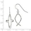 Sterling Silver Polished Cross Ichthus Dangle Earrings