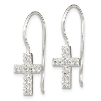 Sterling Silver Polished CZ Latin Cross Dangle Earrings