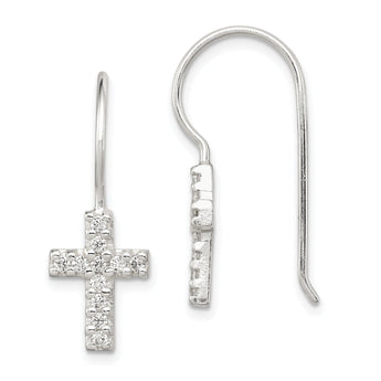 Sterling Silver Polished CZ Latin Cross Dangle Earrings