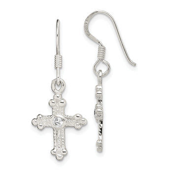 Sterling Silver Polished & Textured CZ Budded Cross Dangle Earrings