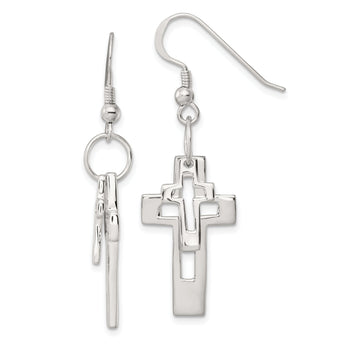 Sterling Silver Polished Double Open Cross Shepherd Hook Earrings