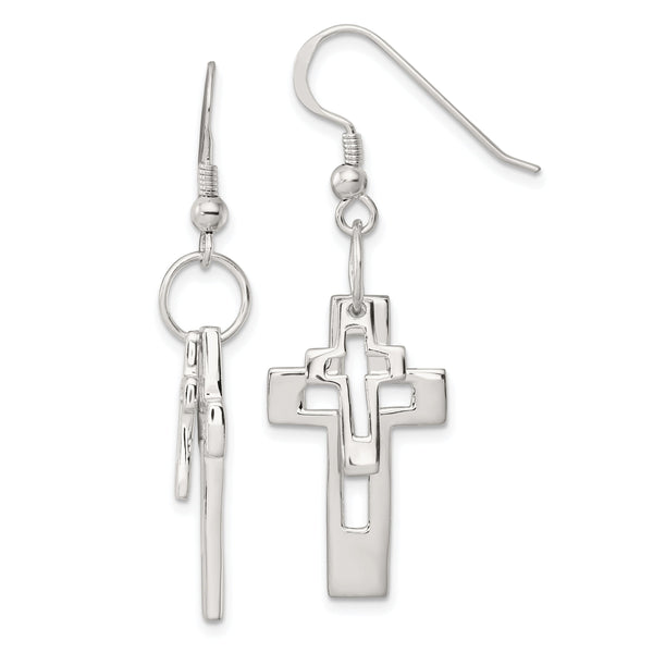 Sterling Silver Polished Double Open Cross Shepherd Hook Earrings