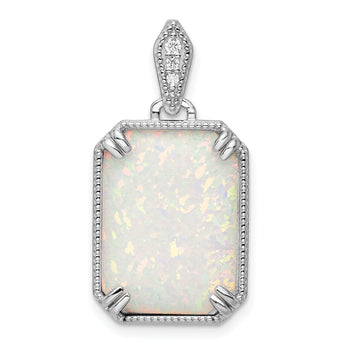 Sterling Silver RH-plated White Created Opal & CZ Beaded Border Pendant