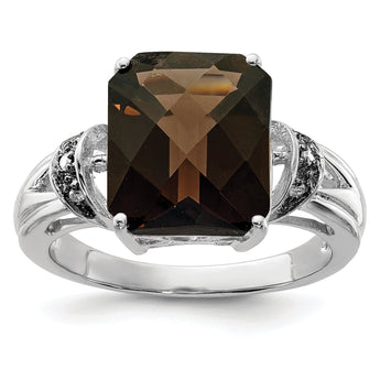 Sterling Silver Rhodium Octagonal Checker-Cut Smoky Quartz & Diamond Ring