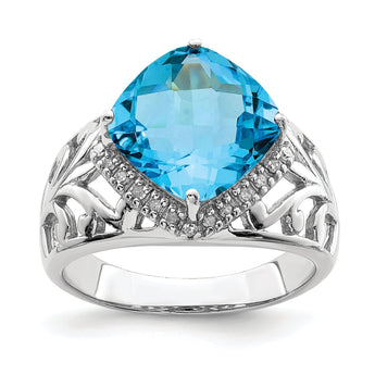 Sterling Silver Rhodium Checker-Cut Blue Topaz & Diamond Ring