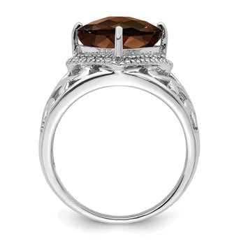 Sterling Silver Rhodium Checker-Cut Smoky Quartz & Diamond Ring