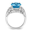 Sterling Silver Rhodium Oval Checker-Cut Blue Topaz & Diamond Ring