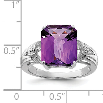 Sterling Silver Rhodium Octagonal Checker-Cut Amethyst & Diamond Ring
