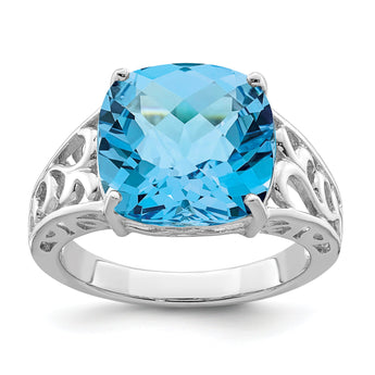 Sterling Silver Rhodium Checker-Cut Blue Topaz Ring