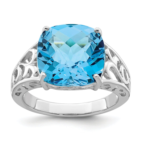 Sterling Silver Rhodium Checker-Cut Blue Topaz Ring