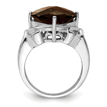 Sterling Silver Rhodium Checker-Cut Smoky Quartz Ring
