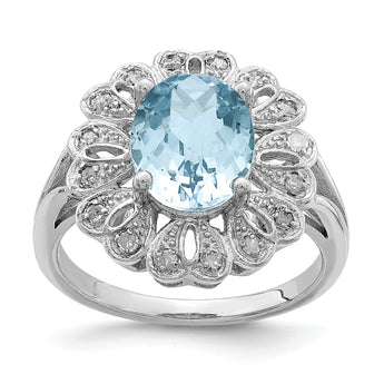 Sterling Silver Rhodium Diamond & Checker-Cut Sky Blue Topaz Ring