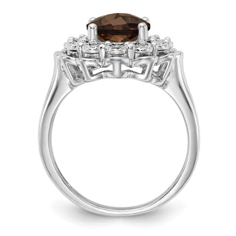 Sterling Silver Rhodium Diamond & Oval Checker-Cut Smoky Quartz Ring