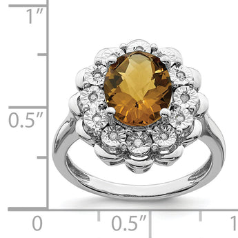 Sterling Silver Rhodium Diamond & Oval Checker-Cut Whiskey Quartz Ring