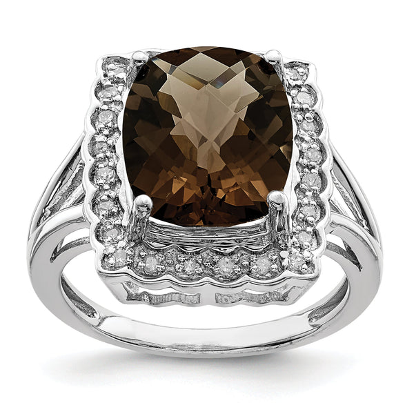 Sterling Silver Rhodium Diamond & Checker-Cut Smoky Quartz Ring