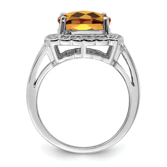 Sterling Silver Rhodium Diamond & Checker-Cut Whiskey Quartz Ring