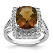 Sterling Silver Rhodium Diamond & Checker-Cut Whiskey Quartz Ring