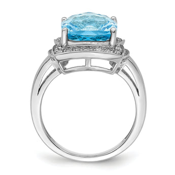 Sterling Silver Rhodium Diamond & Checker-Cut Sky Blue Topaz Ring