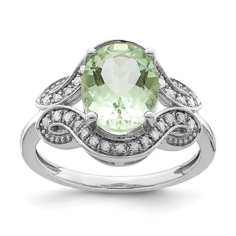 Sterling Silver Rhodium Diamond & Oval Green Quartz Ring