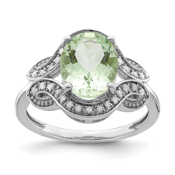Sterling Silver Rhodium Diamond & Oval Green Quartz Ring
