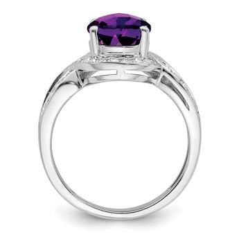 Sterling Silver Rhodium-plated Diamond & Oval Checker-Cut Amethyst Ring