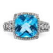 Sterling Silver Rhodium Checker-Cut Blue Topaz & Diamond Ring